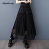 French Style Spring Summer Women Black Midi Skirt Elastic Waist Rose Mesh Patchwork Skirt Elegant Feminine Ladies' Chic Skirts