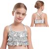 Girls Glittery Sequins Crop Top Tiered Ruffles Cross Back Metallic Camisole for Jazz Dance Performance