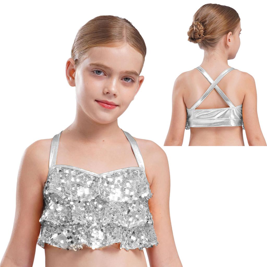 Girls Glittery Sequins Crop Top Tiered Ruffles Cross Back Metallic Camisole for Jazz Dance Performance