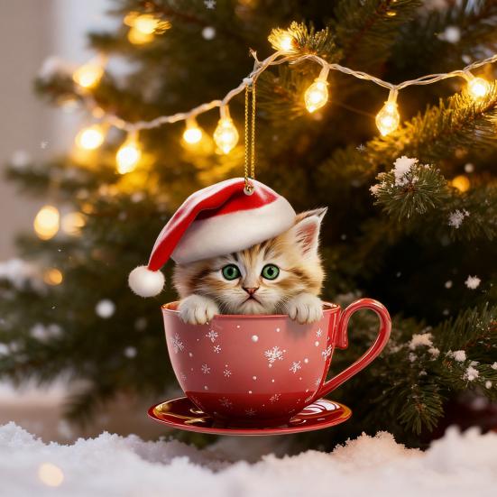 Christmas Pendant 2D Acrylic Cat Sitting Mug Charm Hanging Decor with Lanyard Holiday Party Decoration
