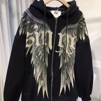 Осенняя женская тонкая толстовка с капюшоном и стразами в виде крыльев