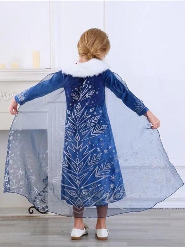 Kids Winter Birthday Party Dress Long Sleeve Princess Elsa Costume Girls Tutu Ball Gown with Faux Fur Collar