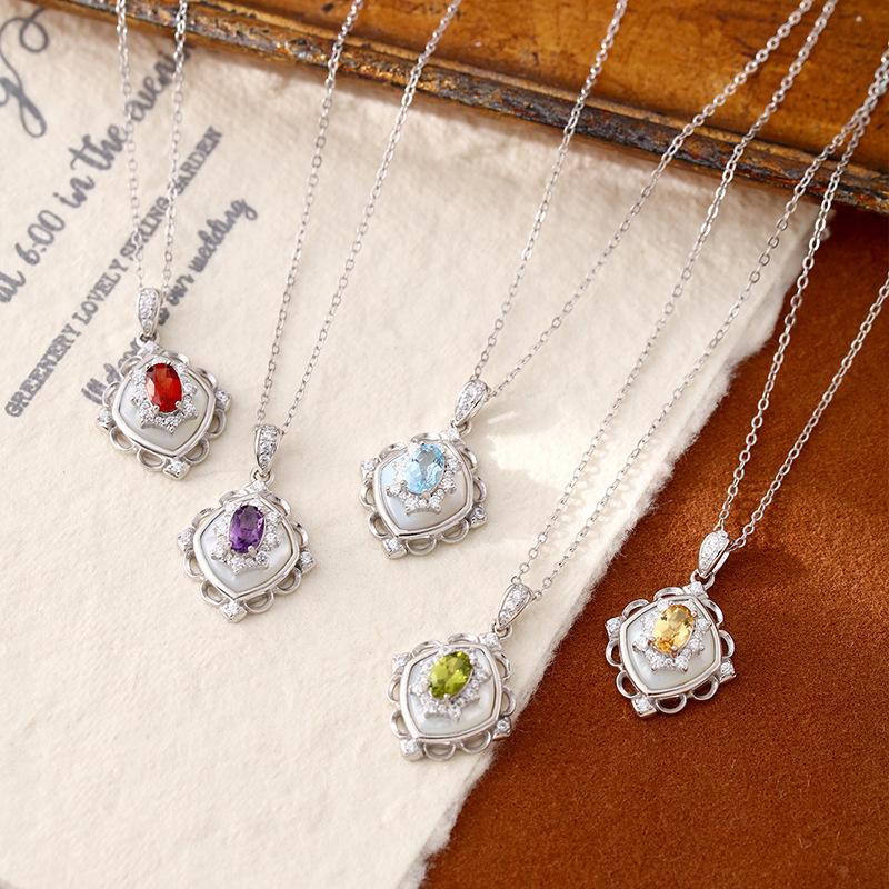 Niche S925 Sterling Silver Necklace Natural Crystal Shell Pendant Topaz Peridot Garnet Clavicle Chain