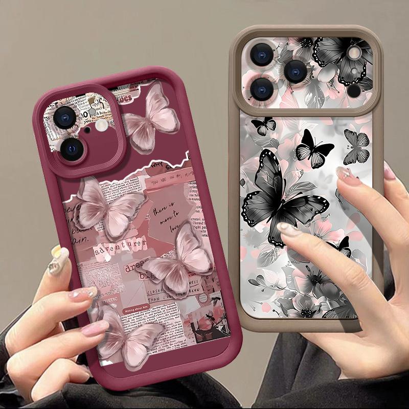 Soft TPU Phone Case For iPhone 17 Pro 15 16 Pro Max 14 13 Pro Max 16e 17e Shockproof Black Butterfly Printed Silicone Back Cover