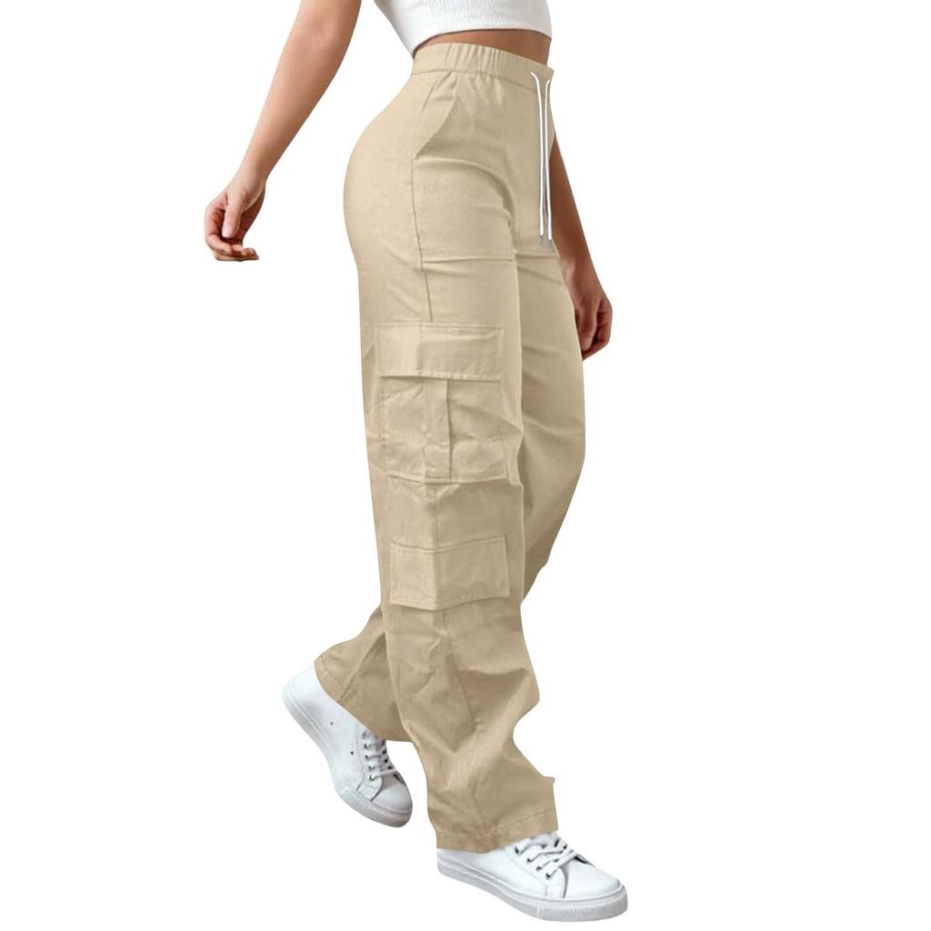 Womens Elastic High Waisted Cargo Pants Stretch Casual Wide Leg Streetwear Parachute Hiking Pants With Pockets