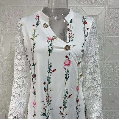Весна и осень женская блузка модный темпераментный топ с длинными рукавами и кружевными рукавами с лепестками и воротником на пуговицах с цветочным принтом
