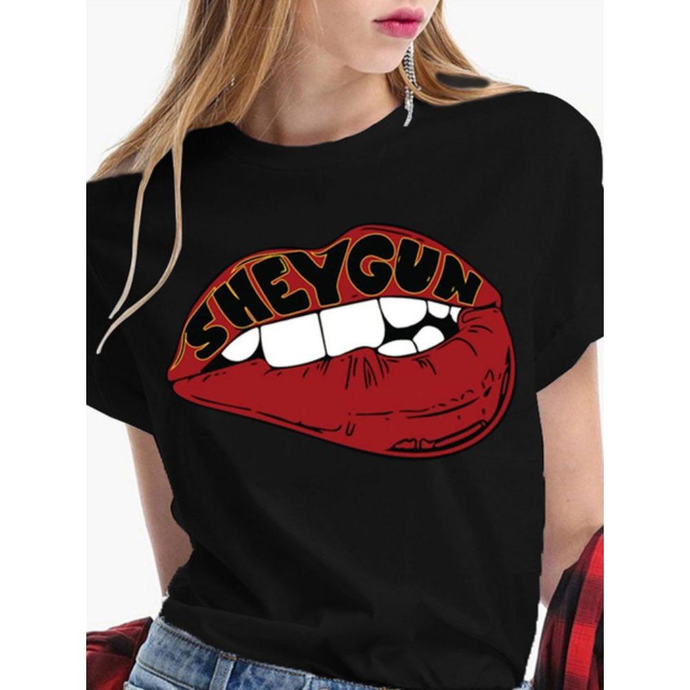 Модная Сексуальная Красная Губа Женская Футболка Забавный Принт Поцелуй Губами Женская Повседневная Базовая С О-образным вырезом Короткий Рукав Женские Топы Футболки