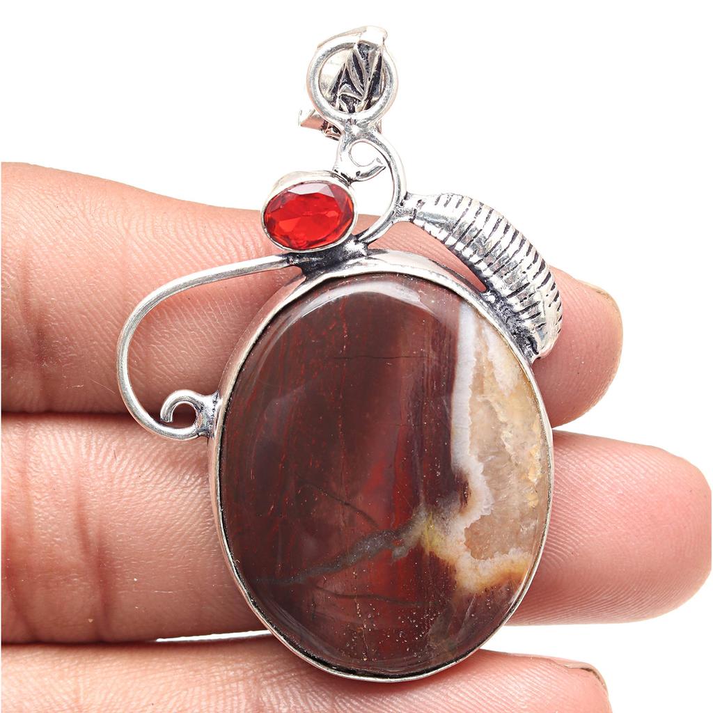 Pendant Gray Botswana Agate Garnet Gemstone Silver Jewelry 2.25"