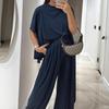 Women's Light Gray Short Sleeve Top and Wide Leg Pants Set Casual Comfortable Outfit