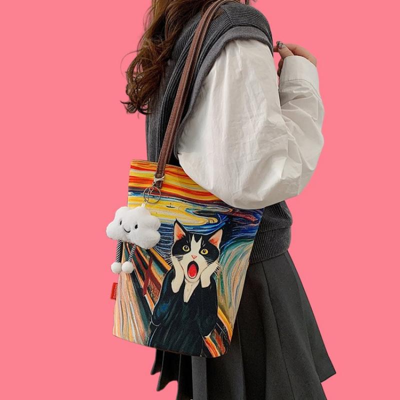 Женская сумочка, симпатичная сумка-ведро с мультяшным принтом, переносная сумка-цилиндр, холщовая сумка-тоут, сумки для ланча для студентов и девочек