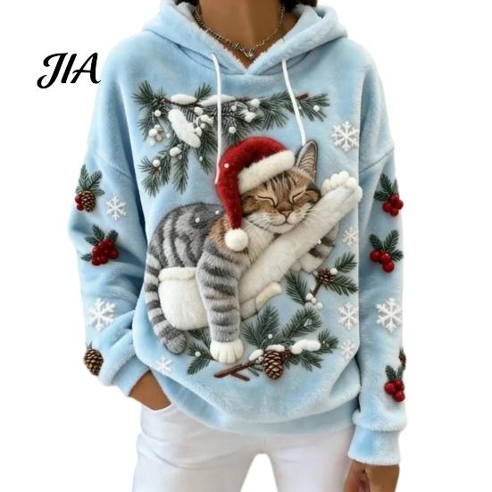 Christmas Party Outfit Women Cat Print Hoodie, Oversized Long Sleeve Pullover Sweatshirt, Daily Wear Sweatshirt Casual Loose Drawstring Hooded Top for