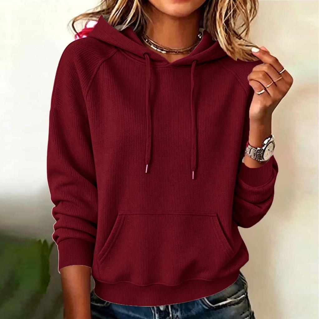 Women's Knit Hoodie Loose Fit Color Casual Pullover Sweatshirt for Everyday Wear