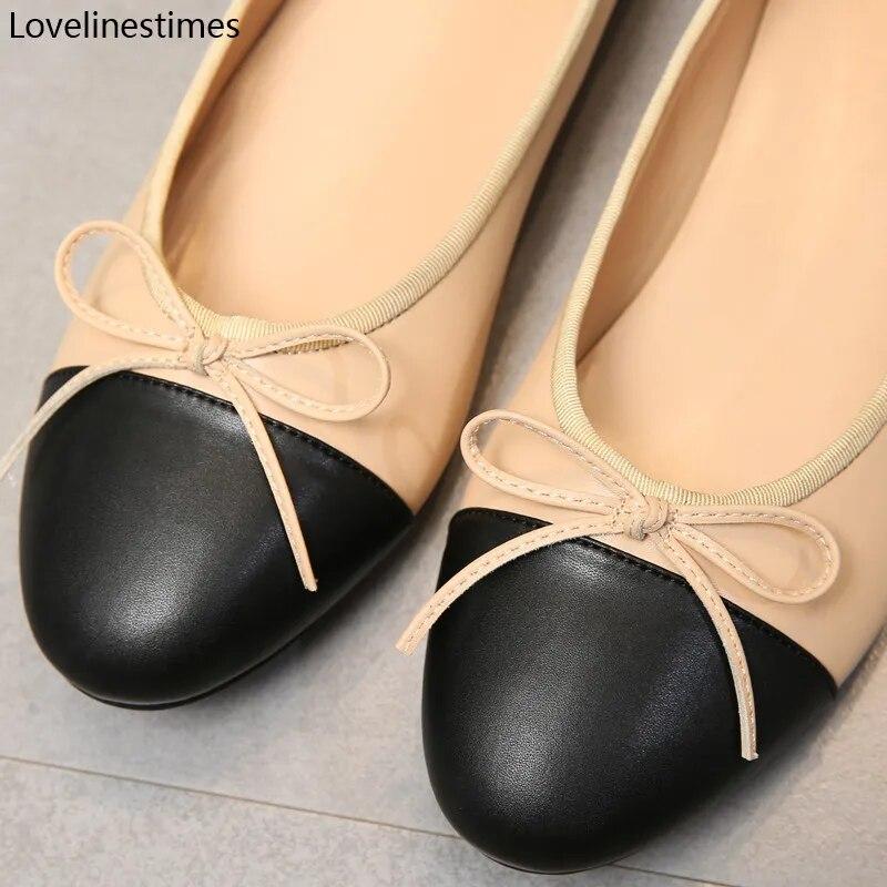 Ballet Flats Classic Shoes Women Basic 2024 Leather Tweed Cloth Two Color Splice Bow Round Ballet Shoe Fashion Flats Women Shoes