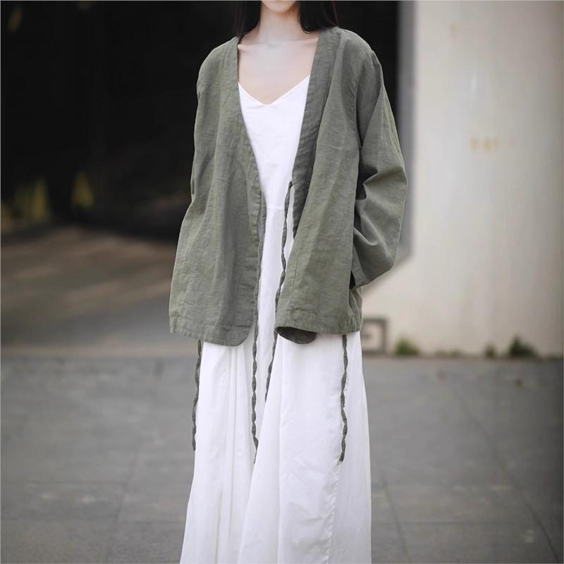 Johnature Women Chinese Style V-Neck Long Sleeve Autumn Solid Color Belt Coats