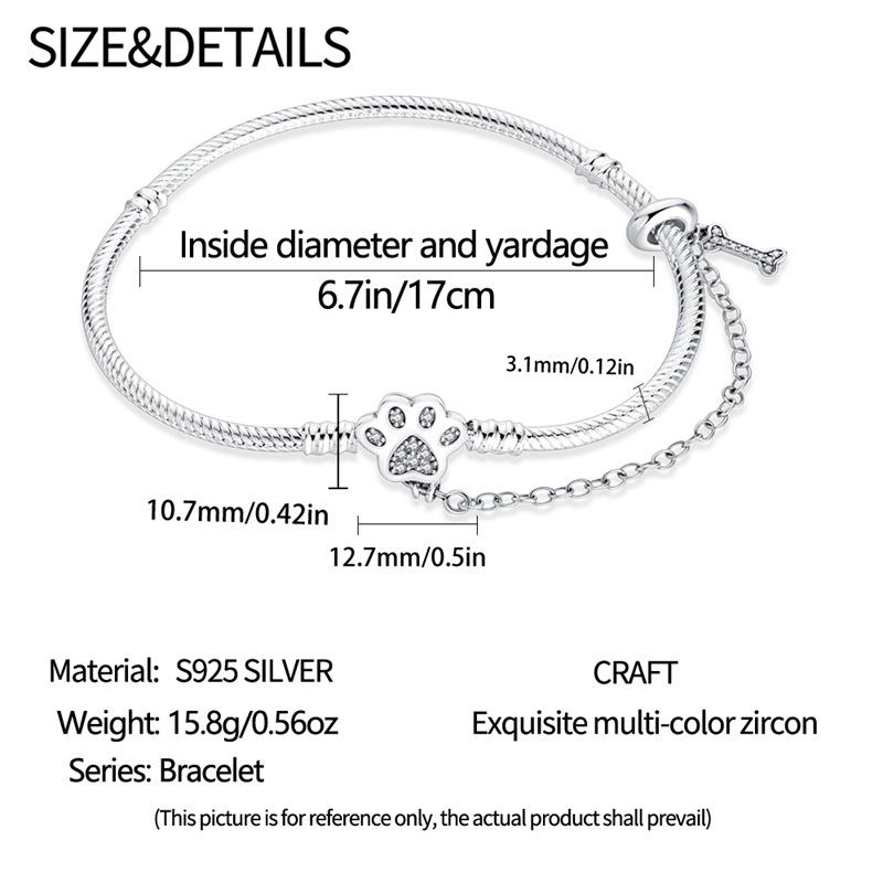 Cute Pet Paw Safety Chain Bracelet DIY Jewelry Accessories 925 Silver