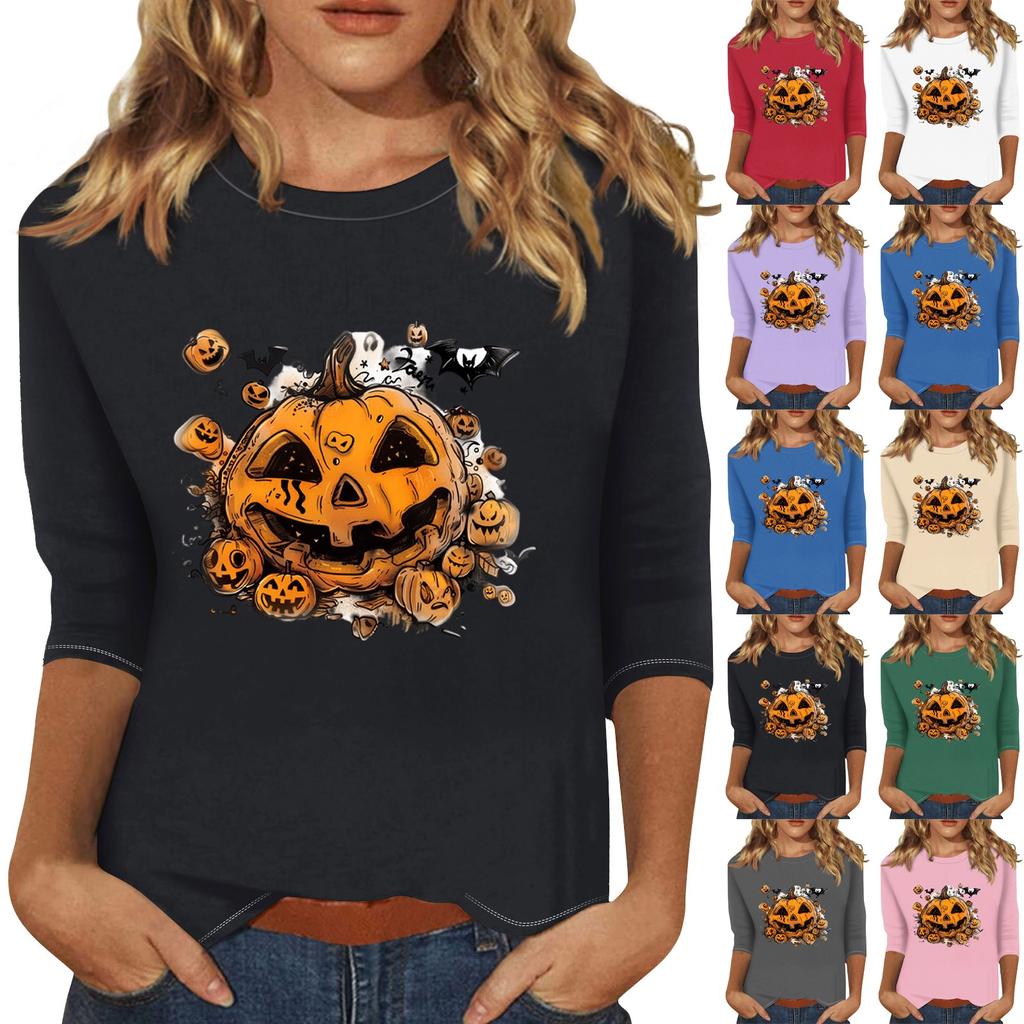Women's Fashion Casual Three-quarter Sleeve Halloween Printed Round Neck Top