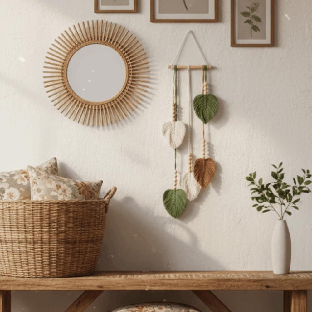 Creative Tassel Bohemian Wall Decor Yarn Woven Retro Handwoven Tapestry Handmade Wooden Beads Wall Art Leaf Tapestry Gift