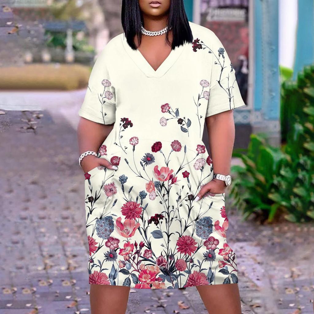 Лето плюс размер V-образным вырезом с коротким рукавом и карманом до колена с градиентным принтом повседневное платье для женщин