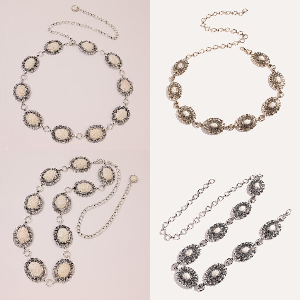 Имитация бирюзы Белый Полый Эллипс Дизайн Цветка Женский Металлическая Цепочка на Талию