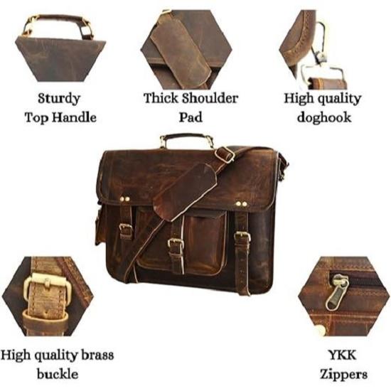 New 16 Inch Leather Messenger Bag for Men Handmade Vintage Laptop Computer Shoulder Brown Office Briefcase