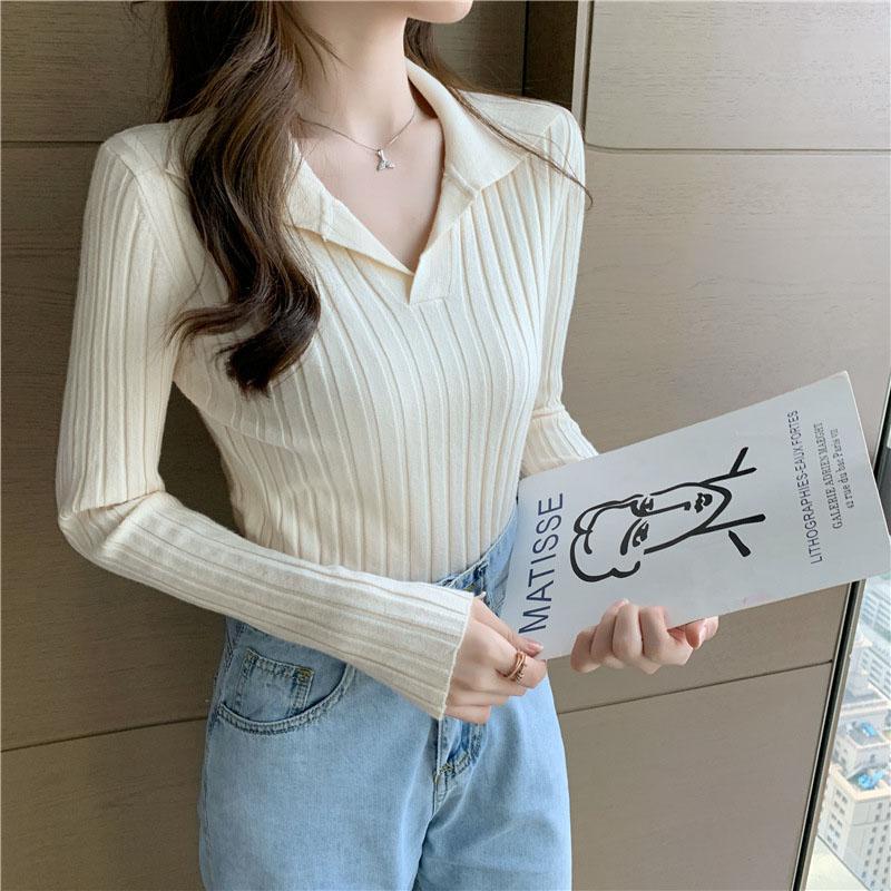 Autumn/winter Knitted T-shirt Women's Pullover Knit Sweater V-neck Polo Shirt Top Knitted Undershirt Women's Stretch Skinny Sweater Undershirt