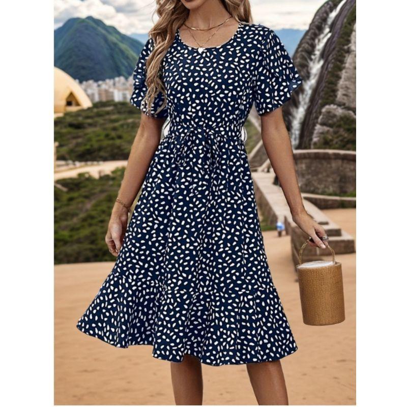 Cross-Border European and American Summer New Fashion Dots Print Waist Hugging Frill Short Sleeve Mid-Length Dress Dress