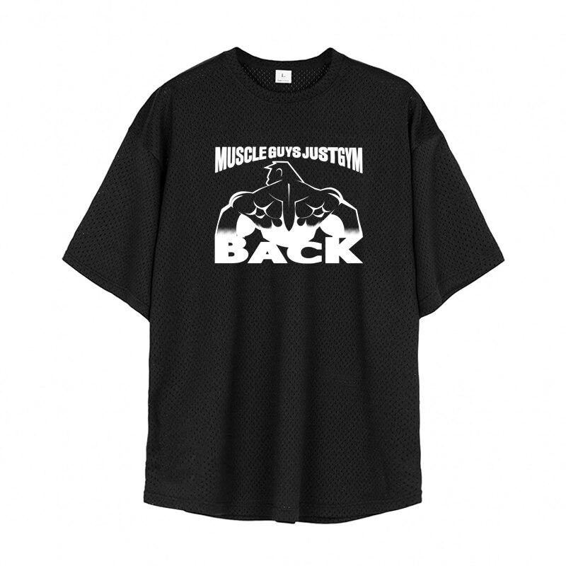 Muscleguys New Loose Bodybuilder T-shirt Summer Breathable Mesh Fitness Clothing Creative Printing Short-sleeved