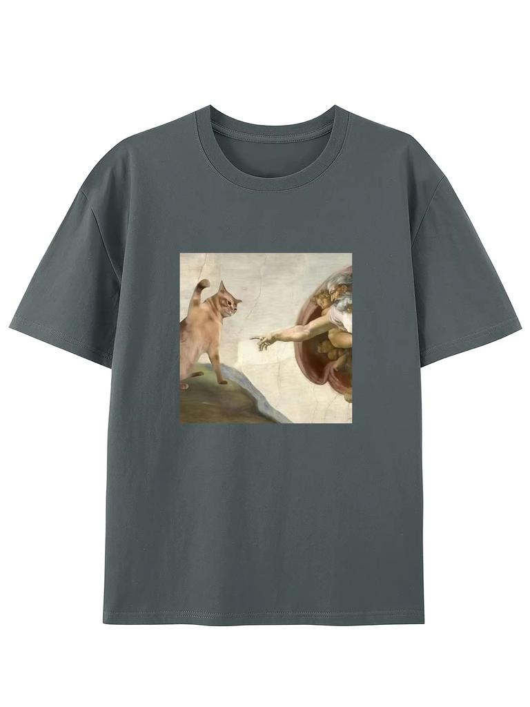 Humorous Cat and Adam Creation Parody Graphic T-Shirt Regular Fit Short Sleeve Pullover for Adult - Summer Casual Fashion Top