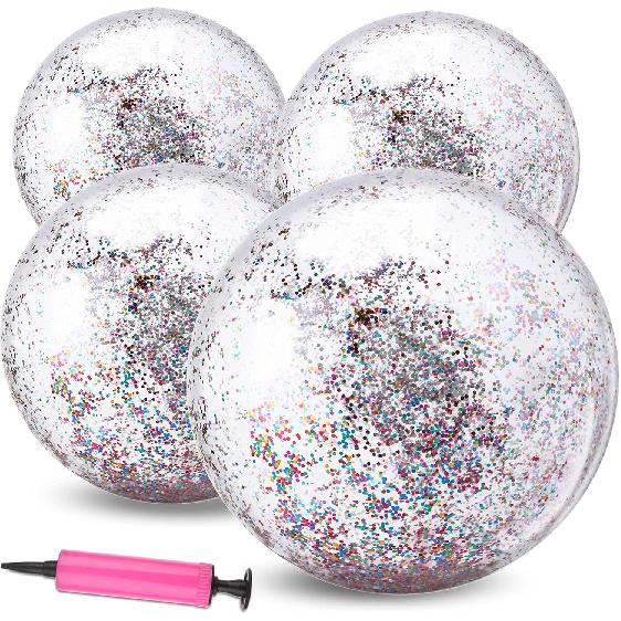 Набор из 4 штук 24-дюймовых надувных пляжных мячей с блестками и конфетти, спортивные пляжные мячи 16 дюймов, плавающие пляжные мячи с пайетками, игрушки для бассейна, мячи, гигантский прозрачный пляжный мяч