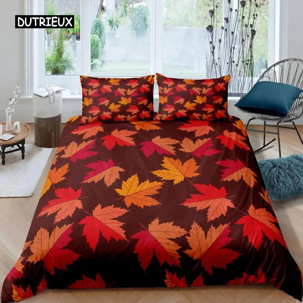 Maple Leaves Duvet Cover Set Colorful Autumn Season Maple Leaves In Unusual Designs Nature Print King Size 23pcs Bedding Set