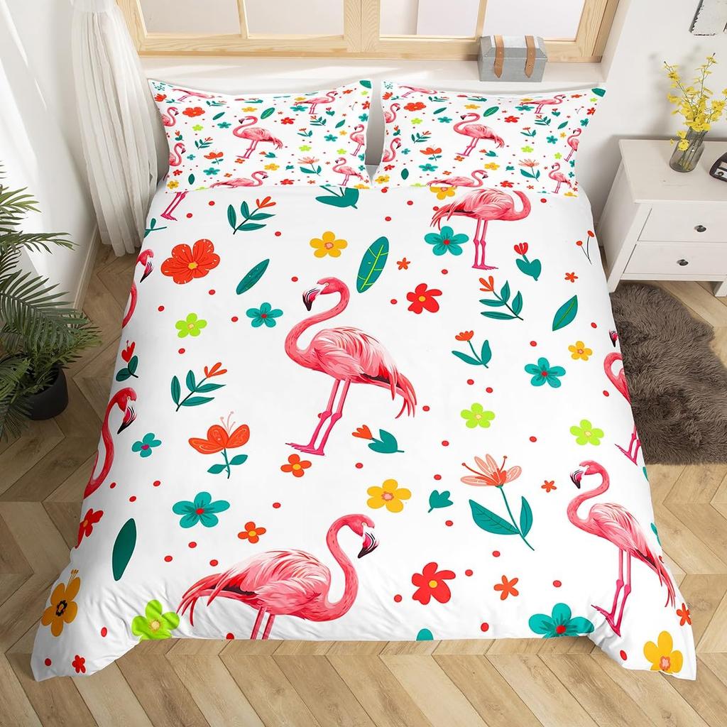 Chic Flamingo Duvet Cover Queen Beach Theme Tropical Animal Bedding Set, Coastal Sunset Comforter Cover Cute Wildlife Bed Set