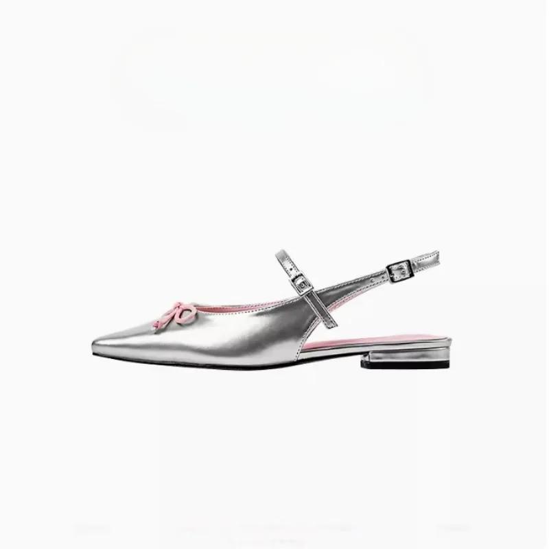 Женские туфли Женские сандалии с закрытым носком Модные женские сандалии с острым носком и пряжкой на ремешке с бантом Туфли на низком каблуке Женские