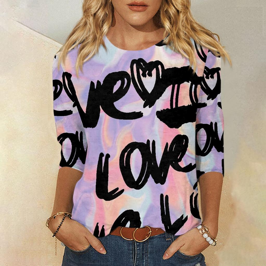 Женская мода, повседневная свободная футболка с принтом на День святого Валентина и круглым вырезом, рукав 3/4, женский топ