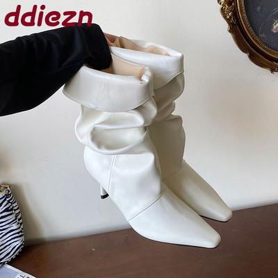 Мода Мода Плиссированные Женские Современные Ботинки Обувь Тонкие Каблуки Обувь Острый Носок Женские Короткие Ботинки Женская Обувь Слипоны Туфли-лодочки