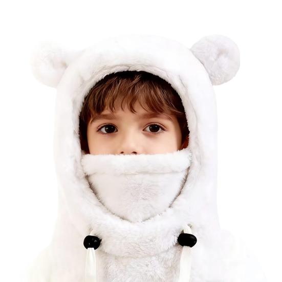 Детская лыжная шапка однотонная, с декором в виде медвежьих ушек, 3-в-1, с защитой лица, шарфом и головным убором, ветрозащитный флисовый головной убор для холодной погоды с регулируемыми шнурками