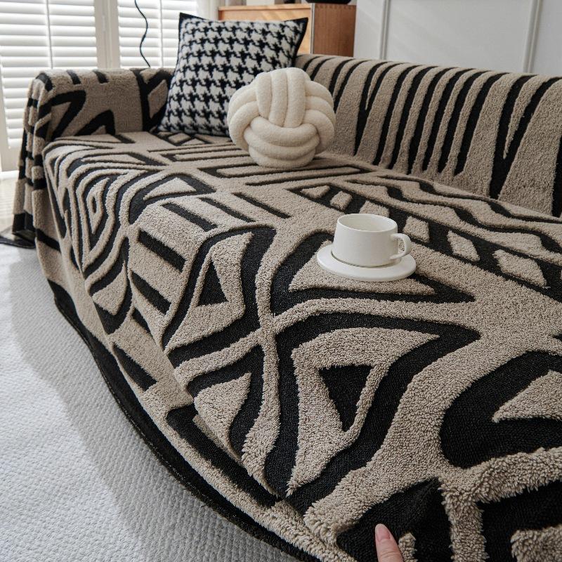 Плюшевый чехол на диван из полар-флиса, толстый, противоскользящее полотенце для дивана, геометрический принт, коврик на сиденье дивана, одеяло с полной защитой