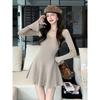 Elegant French V-Neck Long-Sleeve Dress with Inner Base - Autumn/Winter Short Skirt for Women