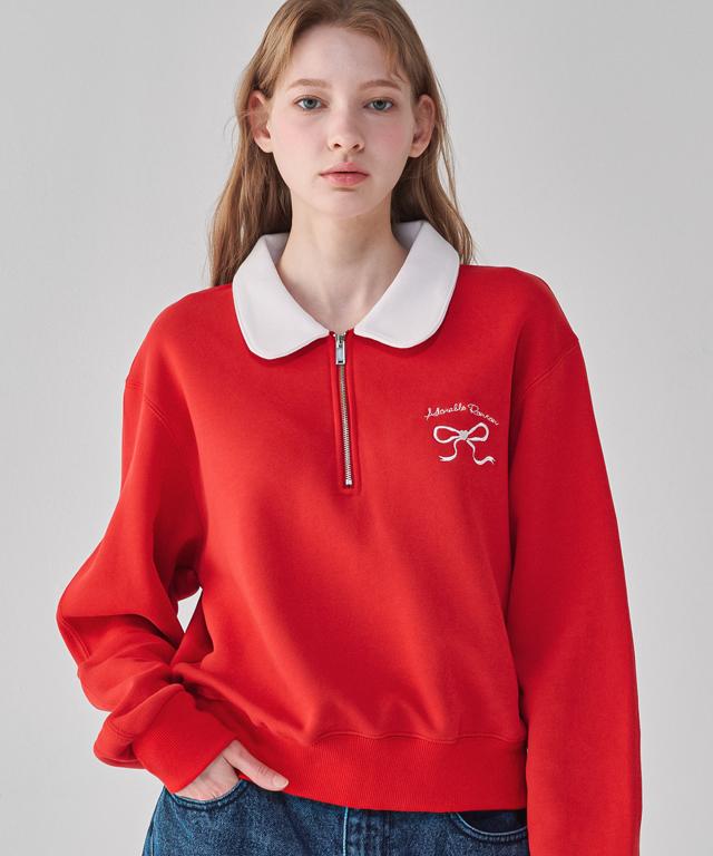 RONRON Heart Ribbon Collar Zip Up Sweatshirt Red
