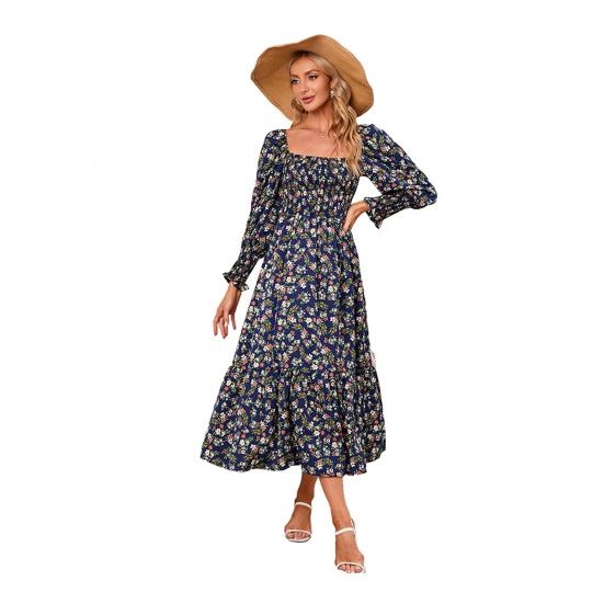 Женское платье с длинными рукавами, цветочным принтом, А-силуэтом, квадратным вырезом, миди-платьем, эластичным бюстом, открытой спиной, плиссированным подолом, весна-осень