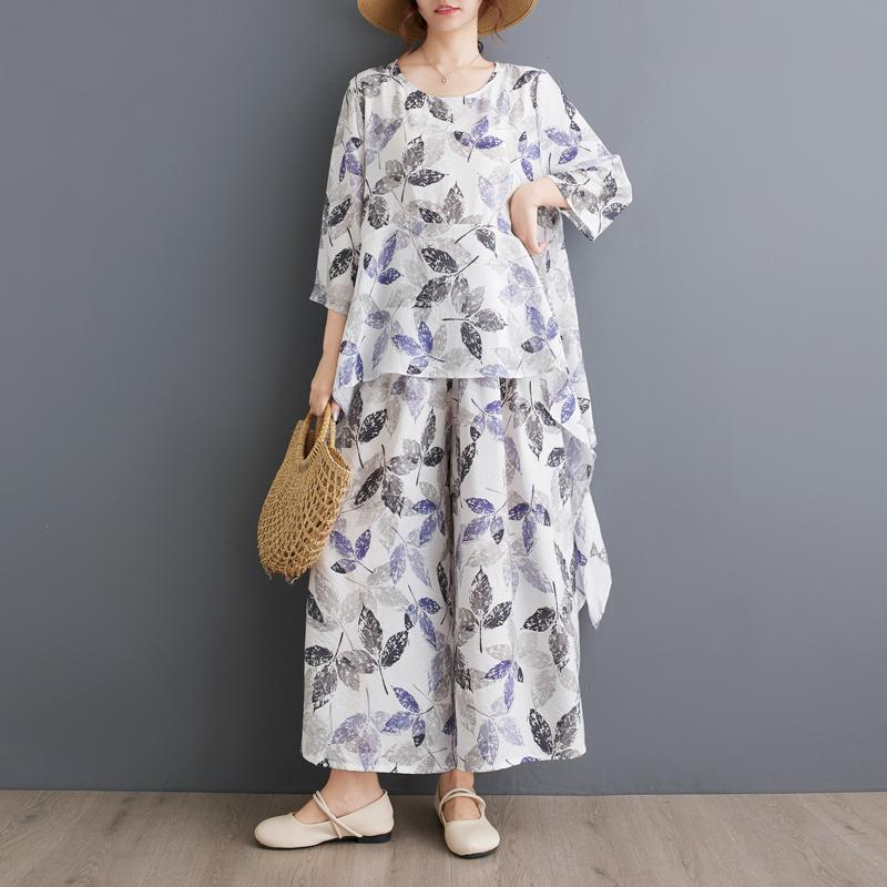 Dimanaf Комплект из двух предметов размера плюс, женская одежда, элегантный женский топ с принтом Vinatge, льняные свободные брюки, женский летний костюм