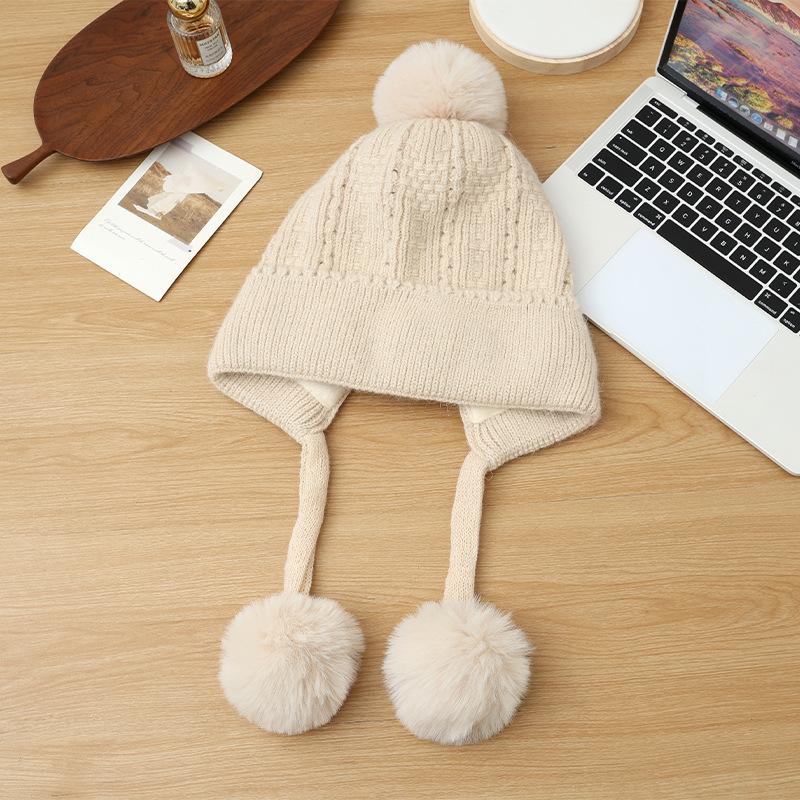 Premium Hairball Knitted Hat Winter Hat Women's Plush Versatile Wool Hat Rabbit Hair Ear Protector Warm Hat