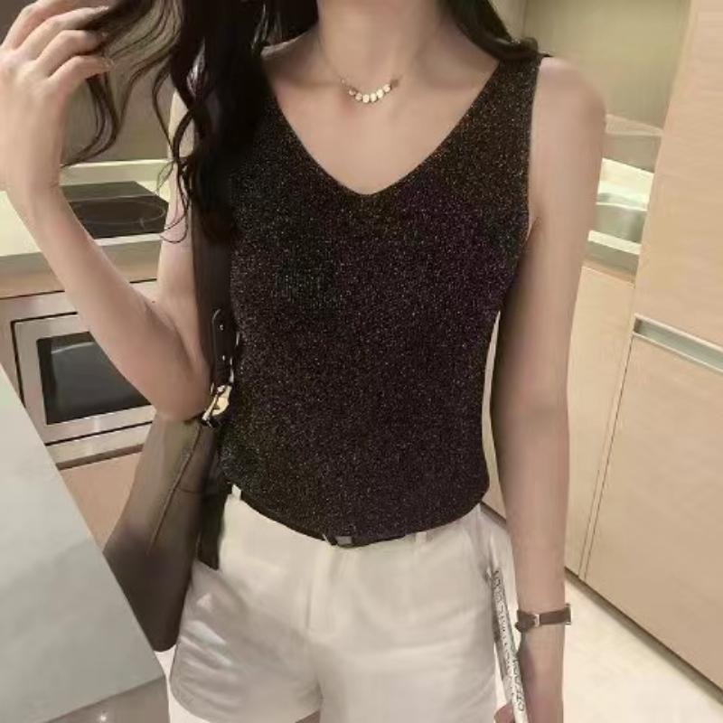 Women Summer New Sexy V-neck Loose Short Sleeveless Ice Silk Bottoming Shirt Casual Lightweight Cool Basic Top for Daily Wear Street