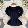 Summer Women Gold Button Knitted Sweater Outfits Short Sleeve Pullover Top and Midi Bodycon Skirt Two Piece Set