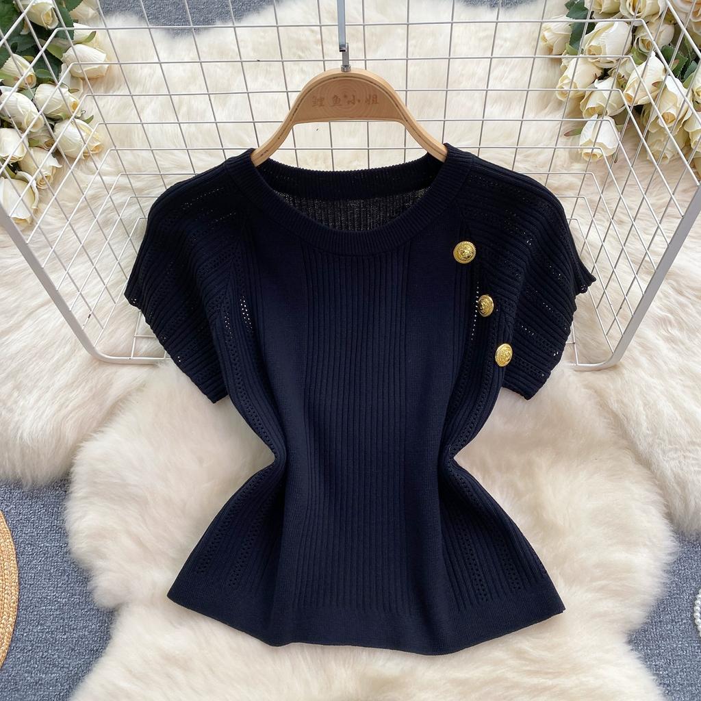 Summer Women Gold Button Knitted Sweater Outfits Short Sleeve Pullover Top and Midi Bodycon Skirt Two Piece Set