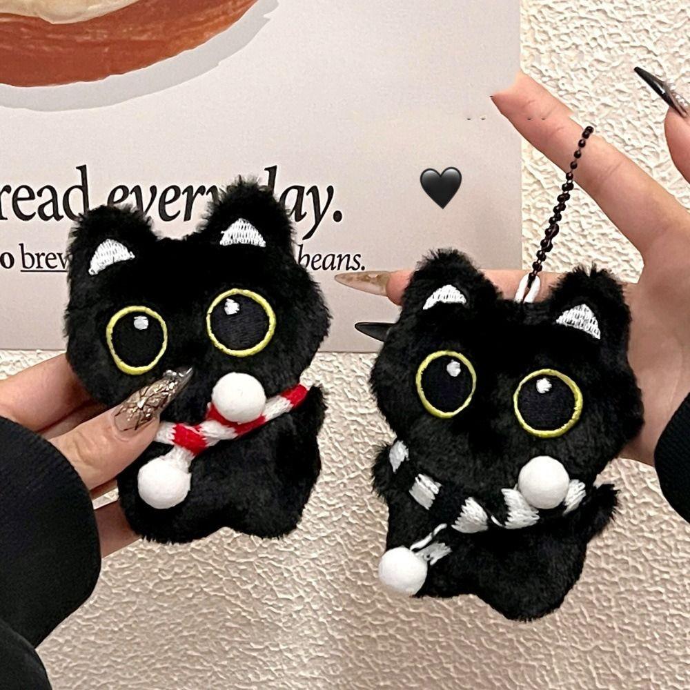 Chirping Squeeze Plush Keychain Cartoon Plush Stuffed Toys Squeak Scarf Black Cat Pendant  Couple