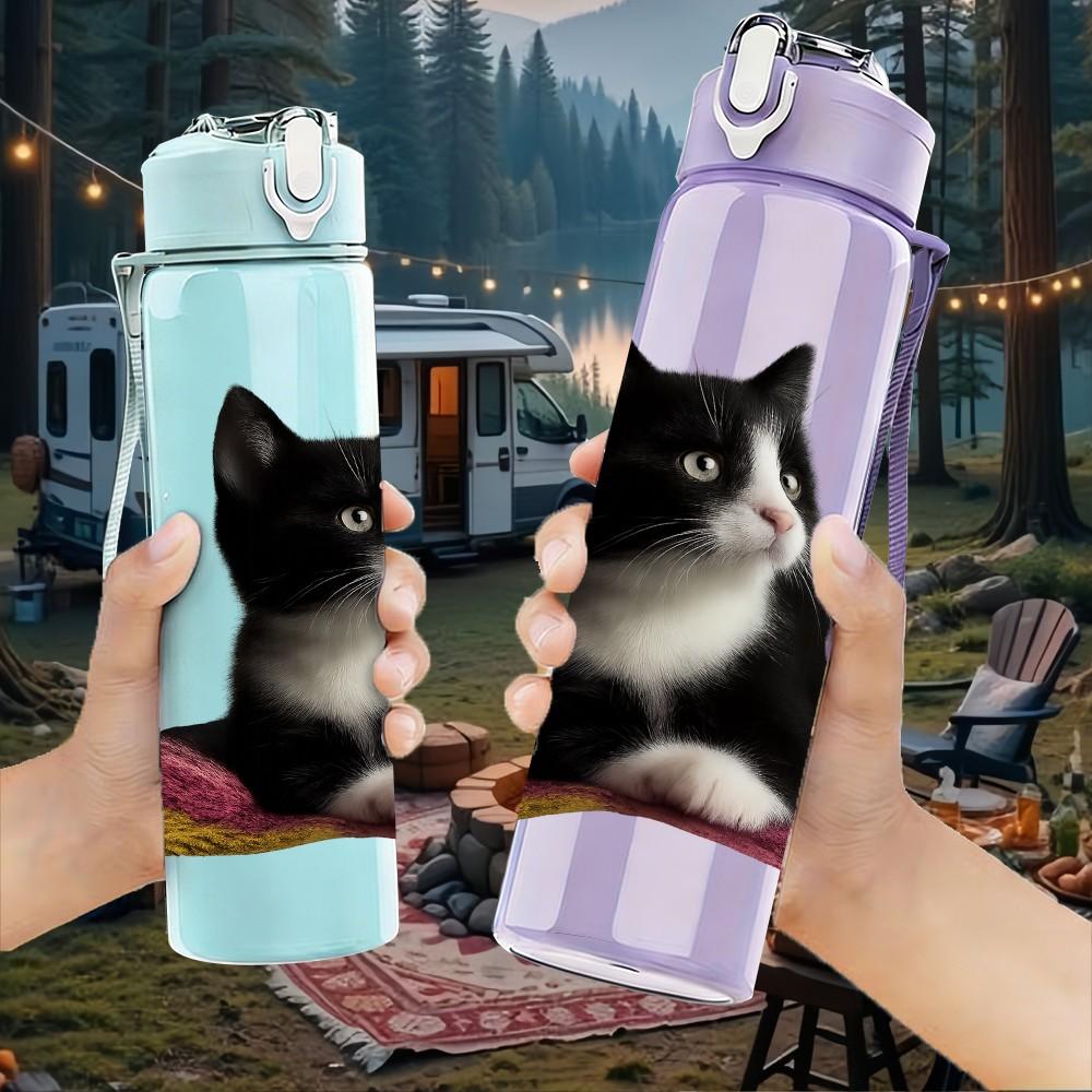1PC Black White Cat On Pink Mat 750ml Color Plastic Sports Water Bottle Leakproof Flip Straw Lid Suitable for Sports Office Home Use