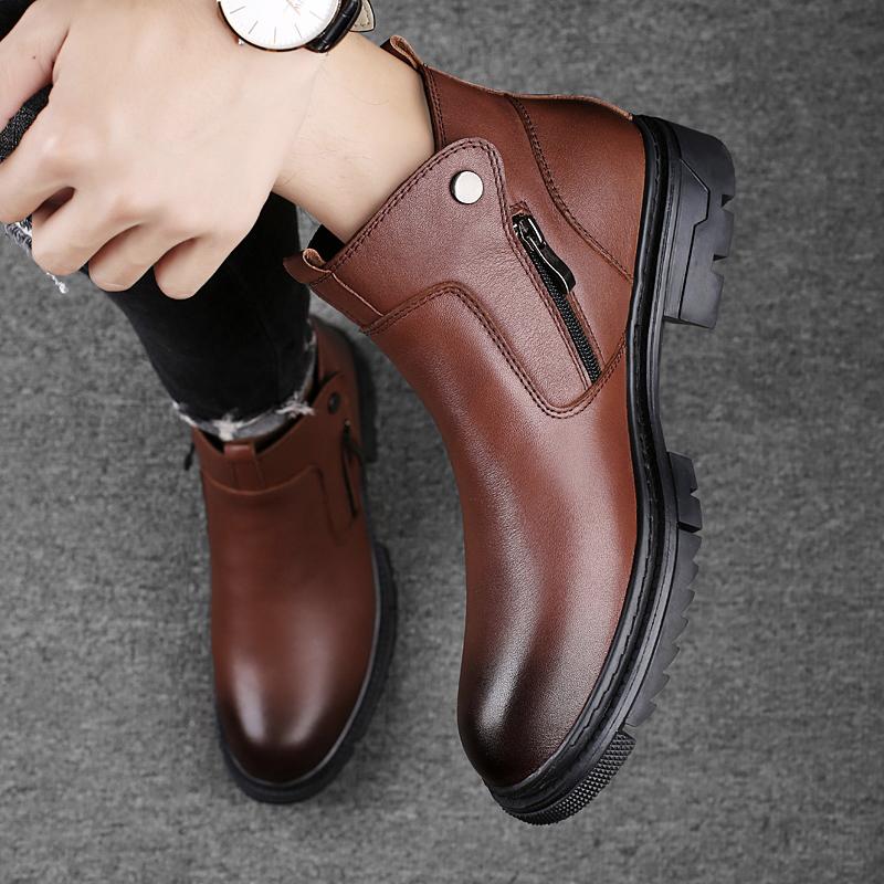 Мужские повседневные кроссовки из натуральной кожи на шнуровке, уличные ботинки, теплые плюшевые зимние ботинки для мужчин, боковая молния, новые мотоциклетные ботинки