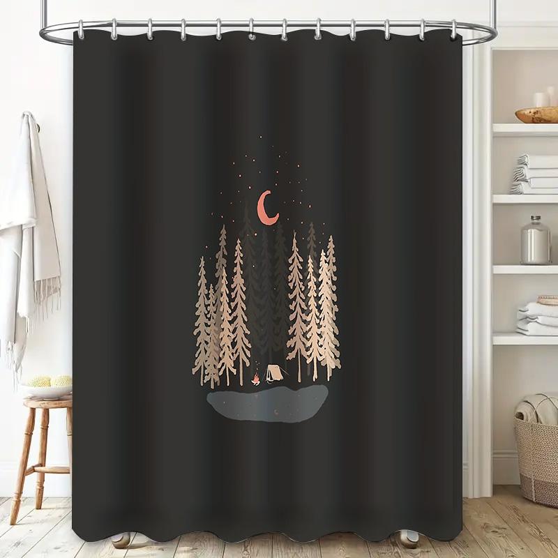 Camping Forest Night Landscape Shower Curtain Woodland Nature Trees Tent Backdrop Bathroom Decor Rustic Home Decor Outdoor Adven