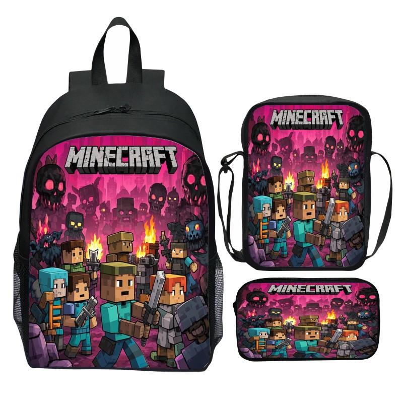 Minecraft Movie Printed 3-Piece Backpack Set Kids Cartoon School Backpack Boys Girls Gifts Blue