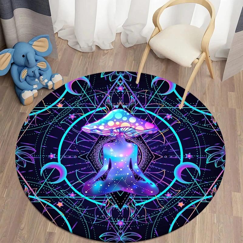 Psychedelic Mushroom Round Carpet Boho Mushrooms Area Rug for Home Living Room Children's Room Decor Non-slip Circle Floor Mat